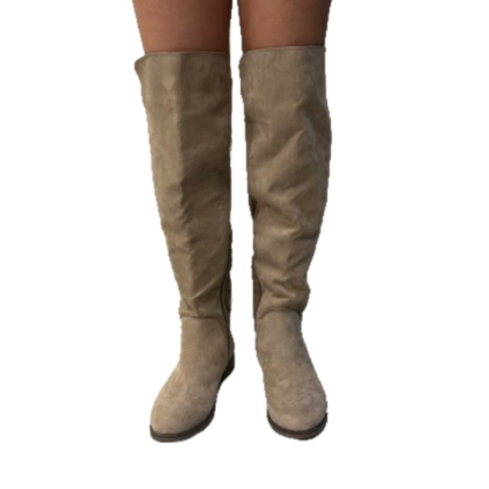 US8 Over Knee Soft Faux Suede, LIGHT BEIGE, Comfort Low Heel, Almond Toes